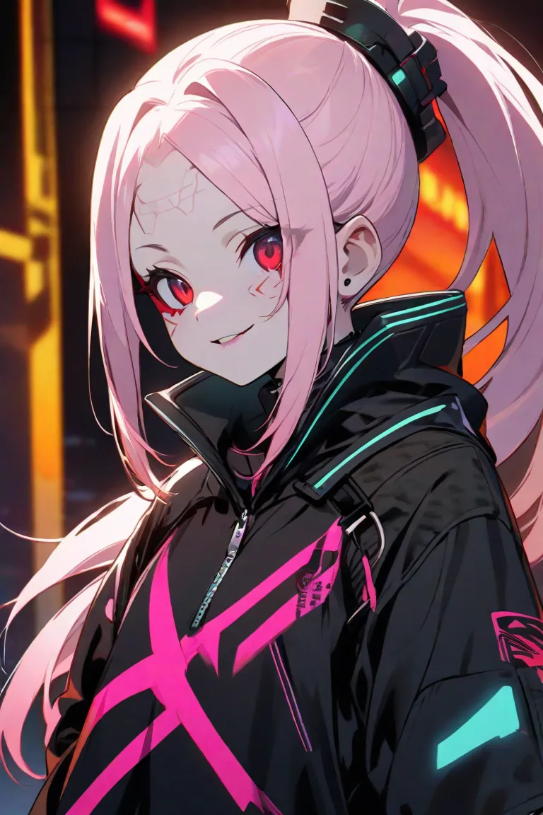 One Girl Pale Pink Ponytail、red eyes。modern clothes cyberpunk smile innocent