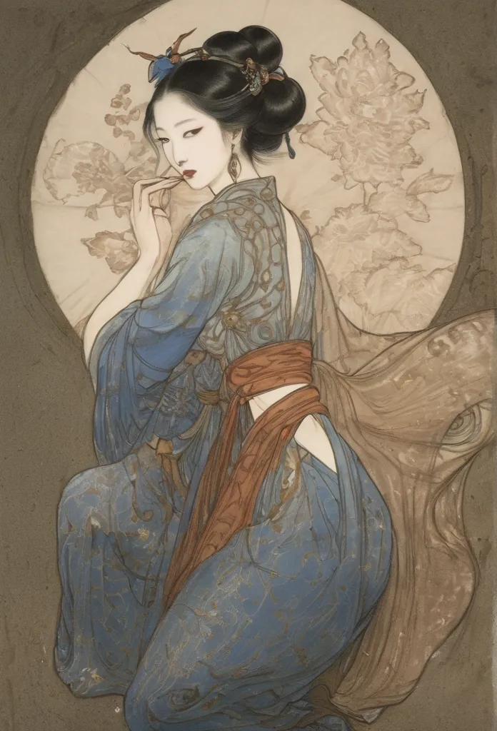 A beautiful woman with a small face and a long neck、Picture of a Woman with Long Hair and a Fan, Korean Art Nouveau Animation, Beautiful and Exquisite Paintings, Jean J., beautiful character drawing, Complex and beautiful painting, Chen Yifei , julianne, ,...