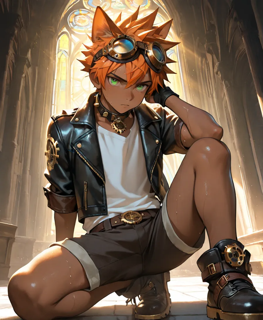 1boy, young male, brown skin, cat ears, sweat, shorts, leather jacket, white shirts, fingerless grove, shoes, goggles on head, collar, sunshine, short hair, spiked hair, orange hair, green eyes, cinematic lighting, masterpiece, best quality, looking at vie...