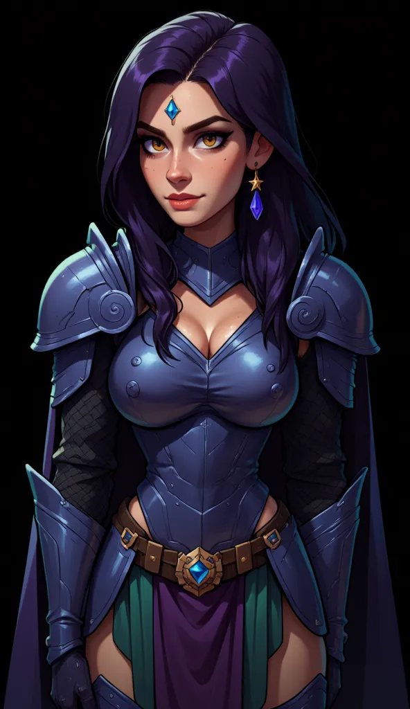 cflxcrtn3, best quality, 4k, extremely detailed, masterpiece, (((arcane knight girl, young girl))), tanned skin, straight flowing hair, dark violet hair, (dark violet metallic armor, armored gauntlets, dark green plated skirt,pelvic curtain, dark blue shou...