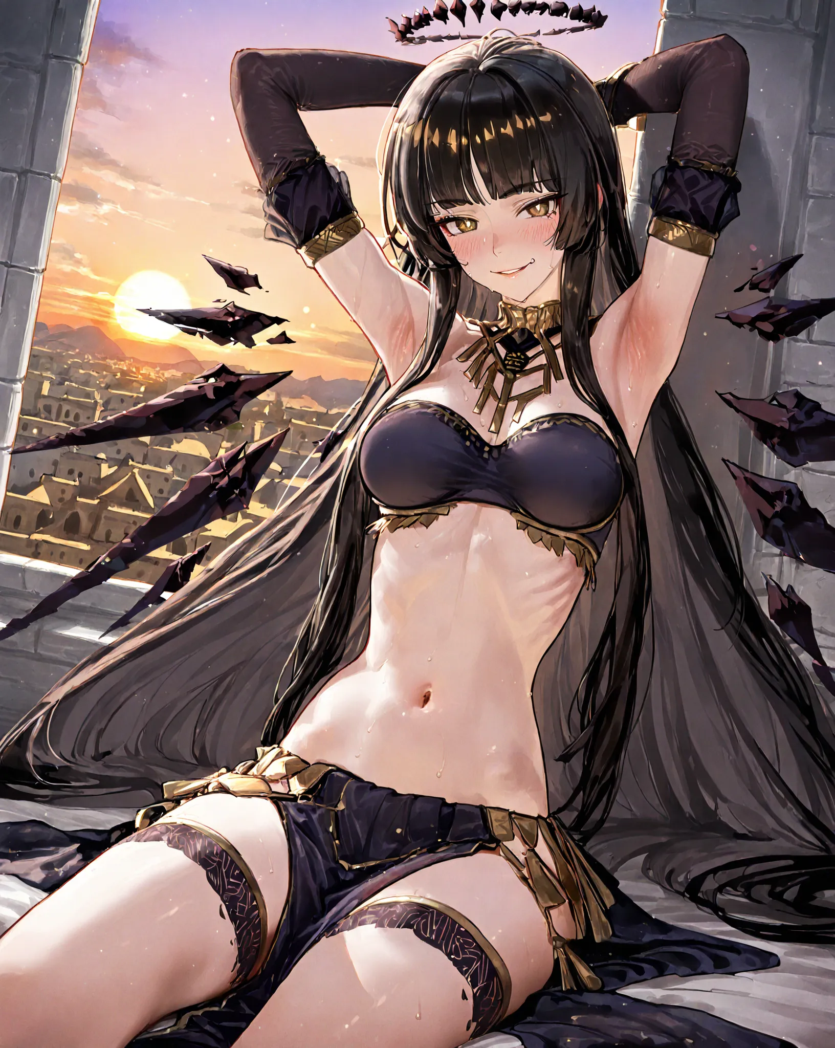 {{super detail, best quality, anatomically correct, textured skin, high quality, high details, highres, masterpiece}}, solo, 1girl, virtuosa, ryuusaki ichi style, black hair, long hair, bangs, blunt bangs, halo, yellow eyes, bandeau, dancer, cross-laced le...