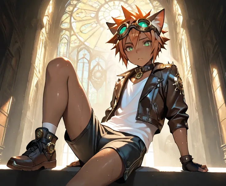 1boy, young male, brown skin, cat ears, sweat, shorts, leather jacket, white shirts, fingerless grove, shoes, goggles on head, collar, sunshine, short hair, spiked hair, orange hair, green eyes, cinematic lighting, masterpiece, best quality, looking at vie...