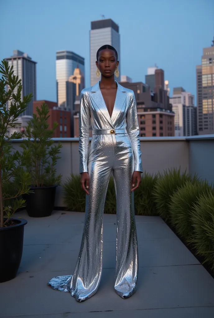 "In a modern rooftop garden, a biracial model showcases a sleek, metallic silver jumpsuit that shimmers under the twilight sky. Her confident posture and bold statement earrings capture the essence of urban chic, while the city skyline in the background ad...