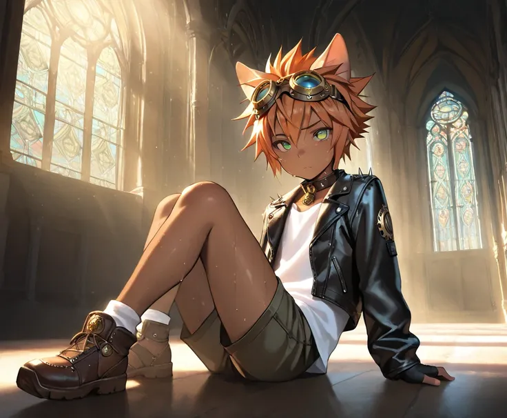 1boy, young male, brown skin, cat ears, sweat, shorts, leather jacket, white shirts, fingerless grove, shoes, goggles on head, collar, sunshine, short hair, spiked hair, orange hair, green eyes, cinematic lighting, masterpiece, best quality, looking at vie...