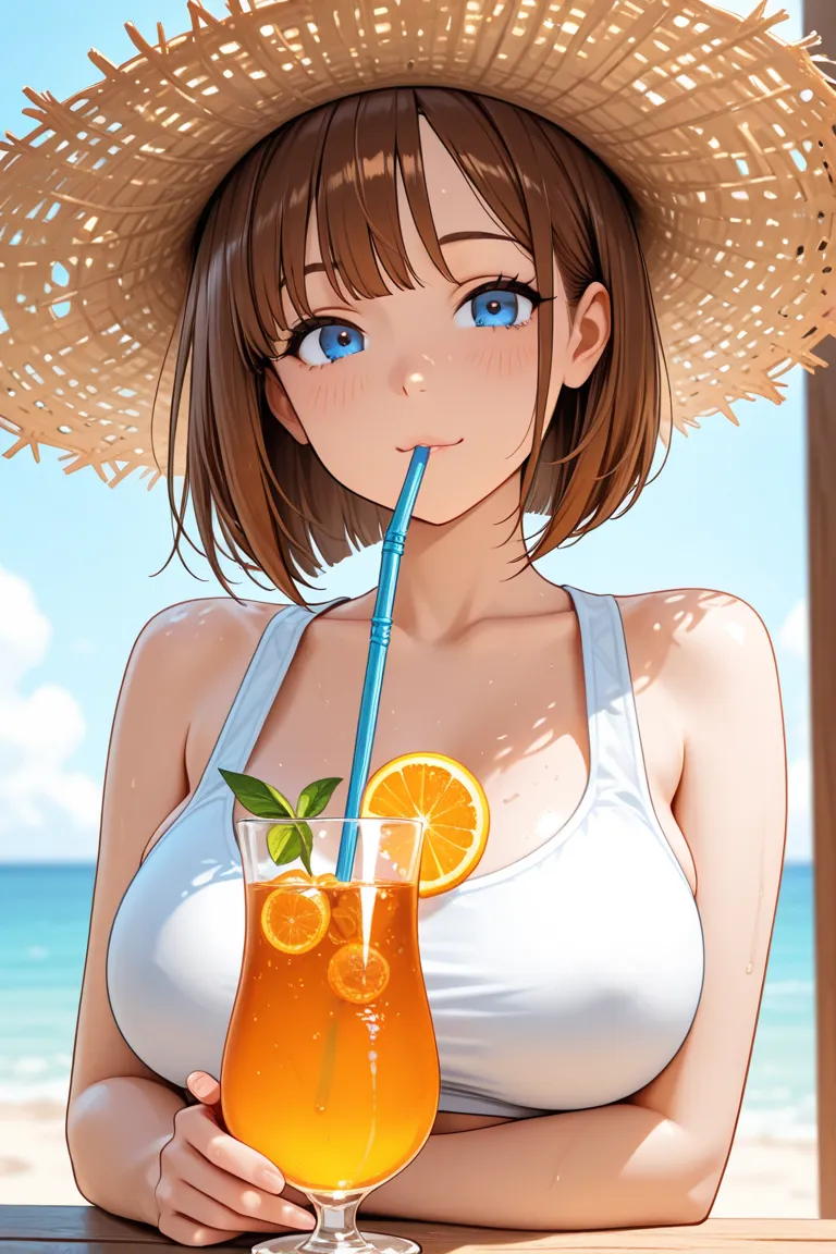 a pretty girl, brown short bob hair, blue eyes, drink a cold orange juice with a straw, in the summer, wear a straw hat, white tank top on pale green bikini, big tits, by the sea