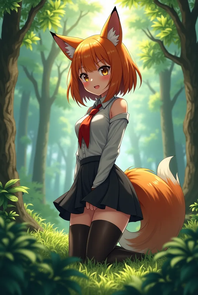 anime girl, fox girl, dark orange hair, forest background, stockings, Looking at viewer, Masterpiece, Anatomically Correct, Best Quality, Naughty Face, skirt, in full growth