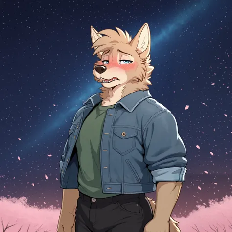 masterpiece, best quality, amazing quality, anthro golden retriever, light brown fur, (wolf ears), male, solo, blue eyes, short hair, tall man, athletic, muscular, green shirt, face focus, wolf ears, denim jacket, folded sleeves, portrait, starry sky, wind...