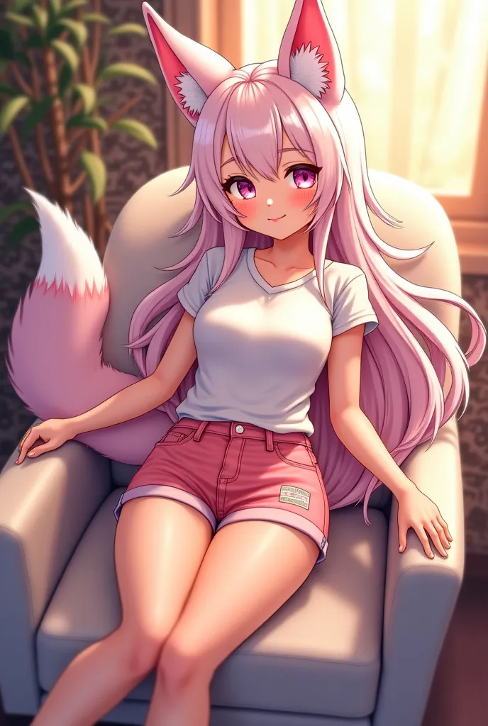 Top view 
A 2D anime-style illustration of a stunning girl with cat ears and a fluffy fox tail, she sitting on chair blending indian aesthetics. She wears mini pink denim shorts and a white t-shirt with long white, pink mix colour hair flowing elegantly. S...