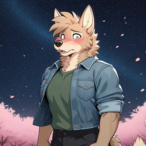 masterpiece, best quality, amazing quality, anthro golden retriever, light brown fur, (wolf ears), male, solo, blue eyes, short hair, tall man, athletic, muscular, green shirt, face focus, wolf ears, denim jacket, folded sleeves, portrait, starry sky, wind...