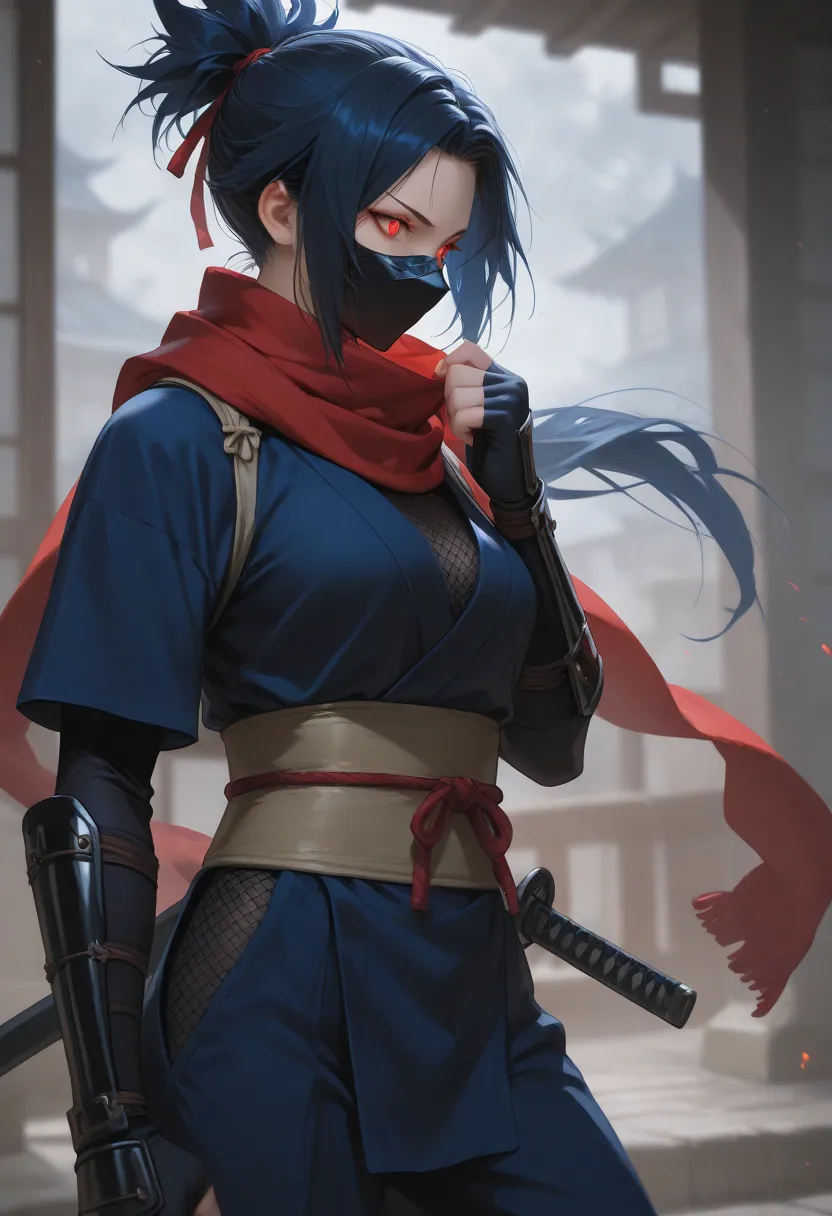 Shinobi, stereotypical dark blue ninja outfit, long red scarf, ninja mask, fierce eyes,