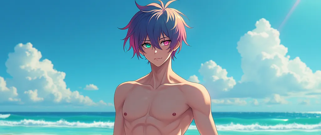 An anime picture shows a handsome, tall age boy with a slim body that reflects his fitness, thin hands, locks of hair covering one of his eyes. His hair color is black, bright blue, red, pink and green. He does not wear a shirt and wears short black and wh...