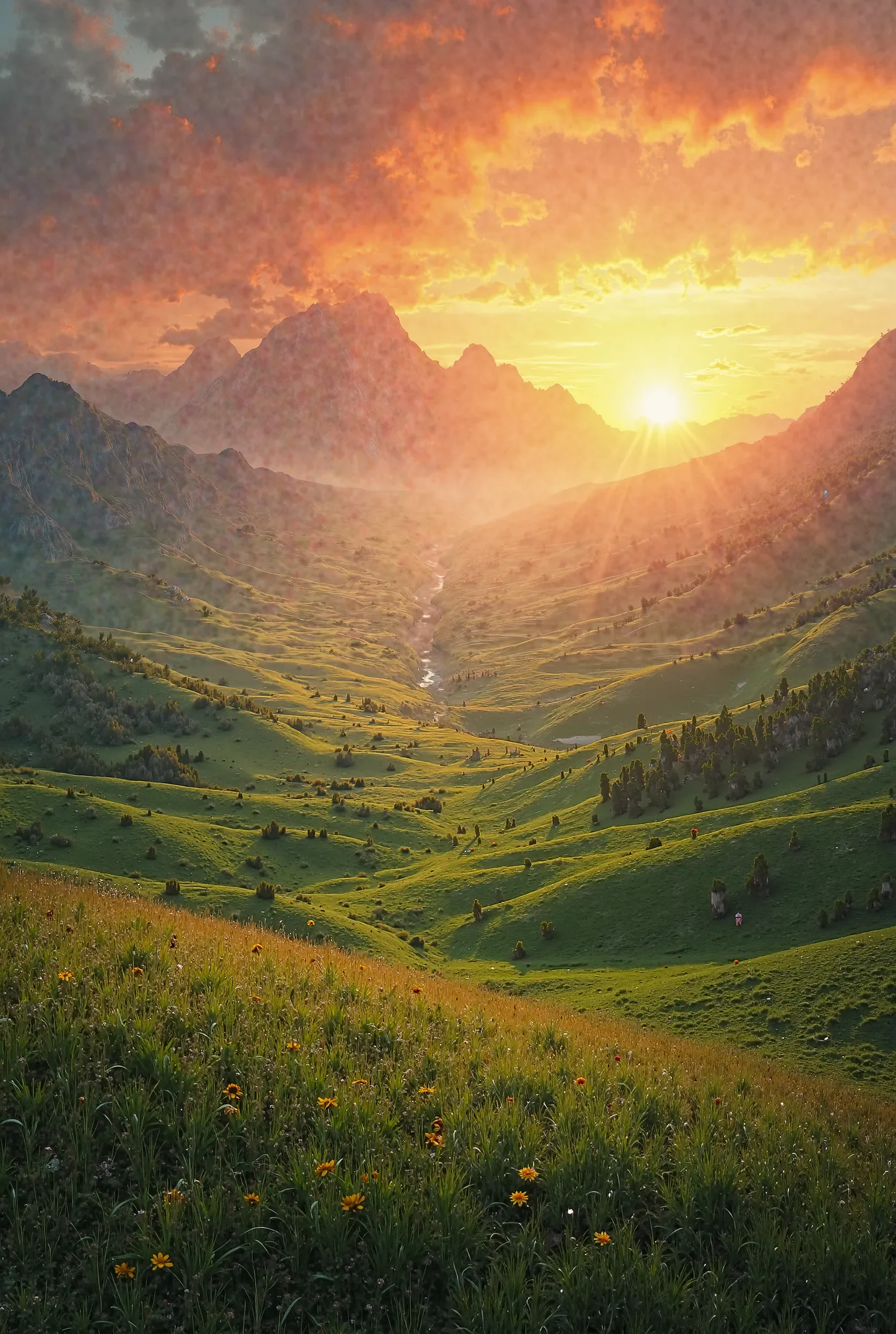 Vast valley cover with green grass mountain on the horizon with sun set