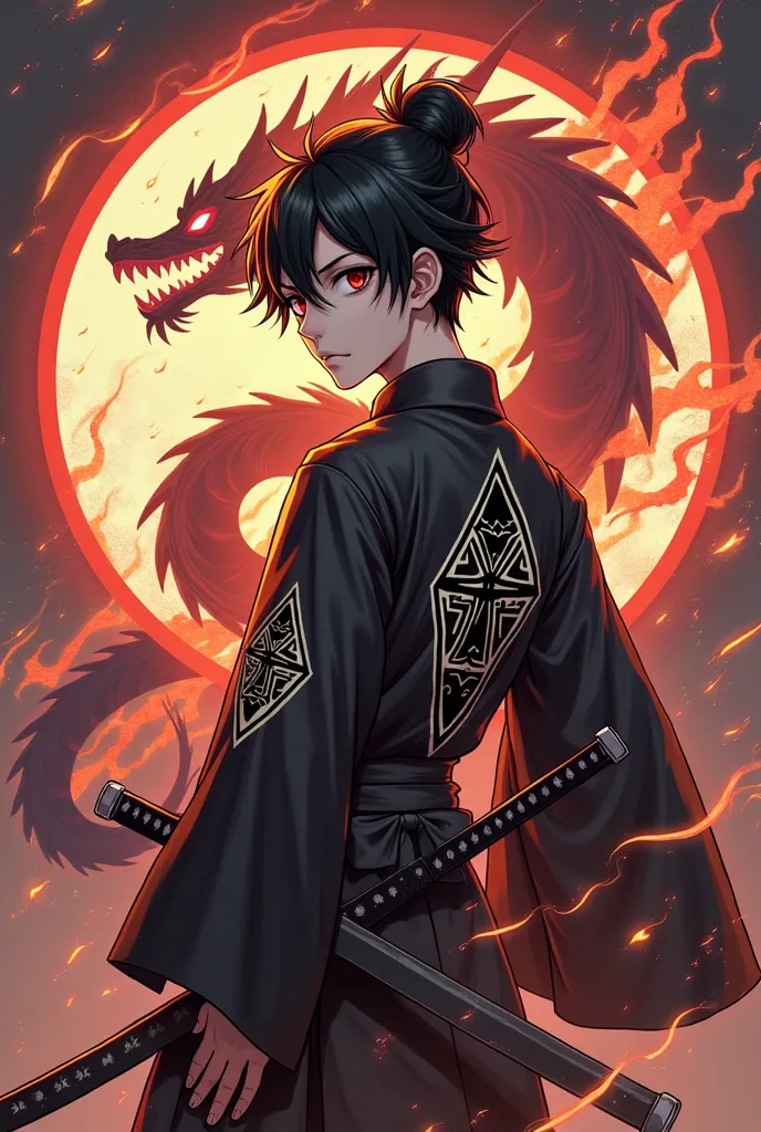 Create a light-faced game logo featuring a duo-boy Yakusa, a black-haired Japanese, a black diamond suit with eyes unleashing a flame, holding a katana sword, wearing a costume like a god in heaven, a black dress with a shadow.  \n and has the active gestu...