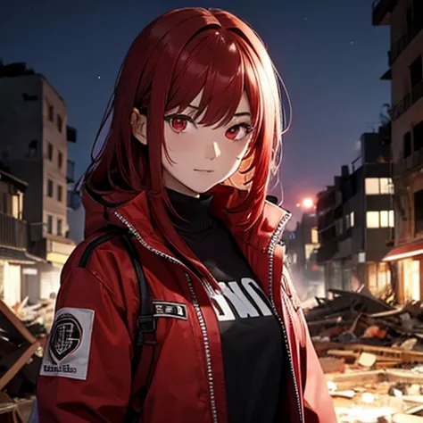  19-year-old female,  red hair , red eyes, black jacket, front, upper body, [[[Destroyed town]]], [[Nobody]], [[[ruins]]], [[[Late Night]]], Collapsed Building, Before Dawn