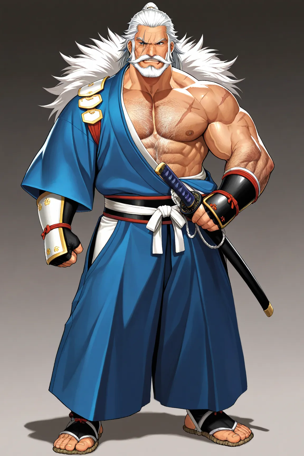 1man, solo, Masterpiece, japan mature daddy, samurai warriors, samurai clothes, muscular, scar, mustache, facial hair, white hair, hairy chest, full body view 