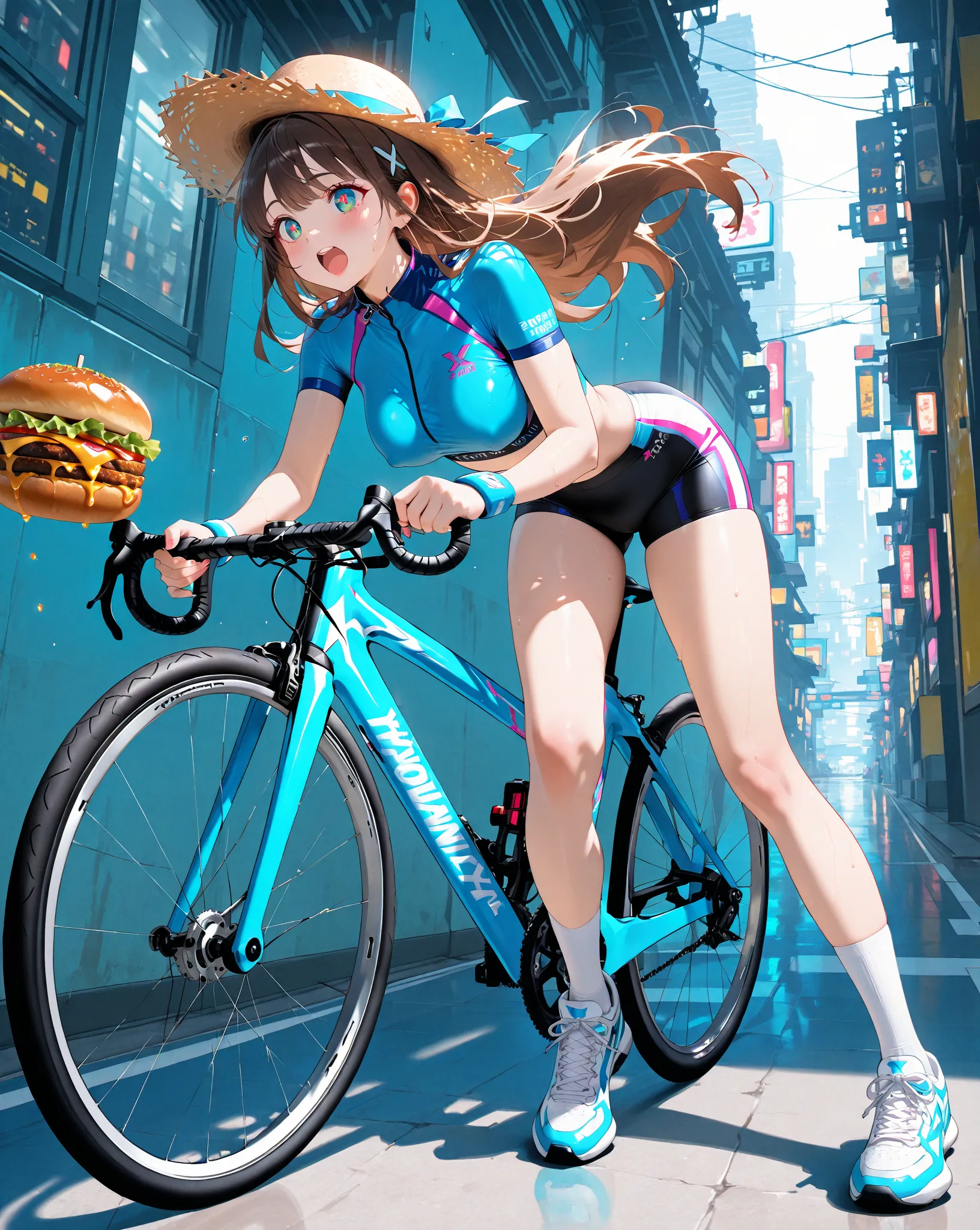  A beautiful young Korean woman , honey-colored eyes, pupils x, brown hair, long hair, Medium breasts,  pointy breasts, Sports top, neon blue top, tight top, cycling shorts, black shorts, white sock, thigh high stockings, Sports shoes, straw hat, Are you e...