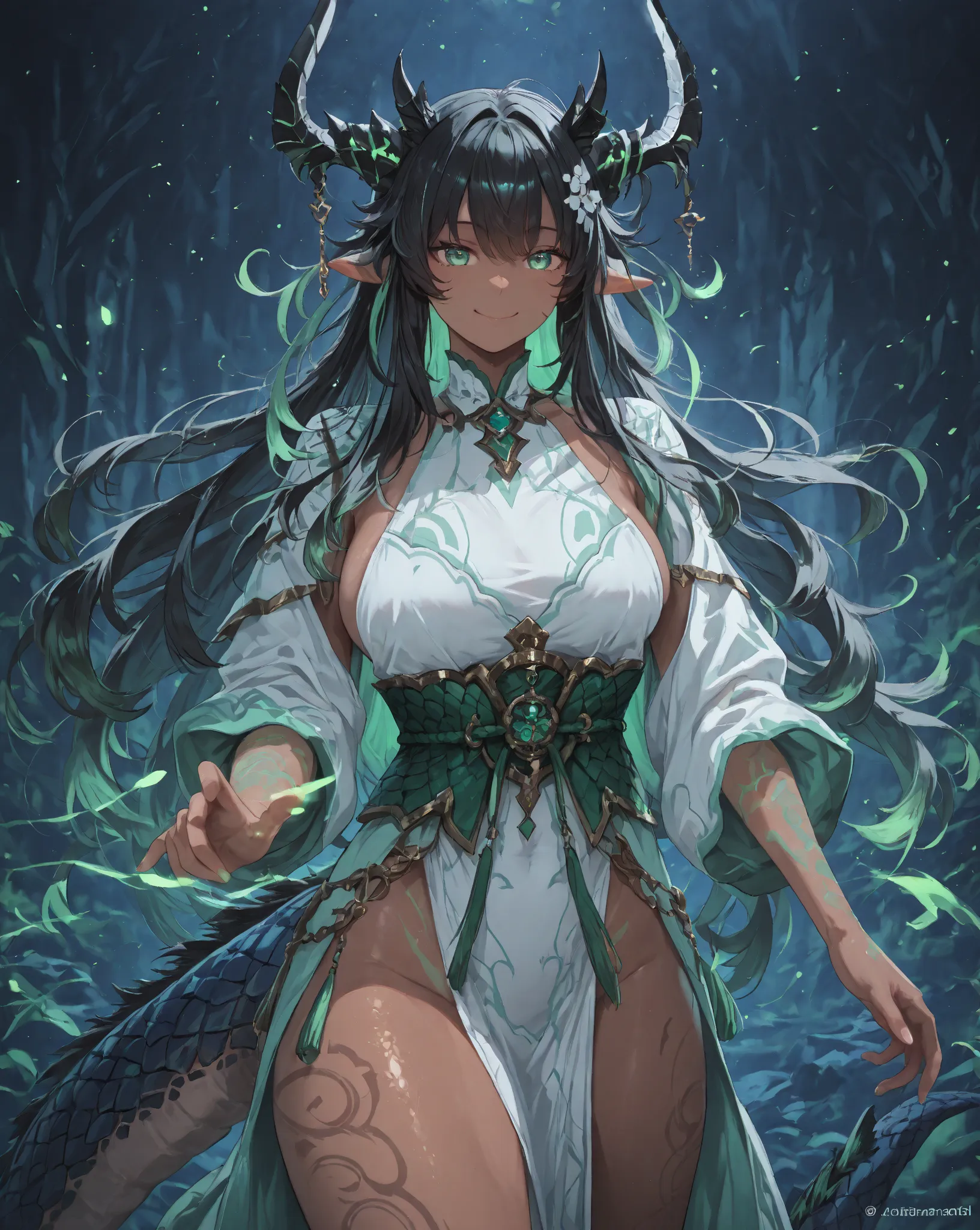 1girl, Solo, High Resolution, Long Hair, Smile, Black Hair, White streak on right side of Hair, Light Caramel Skin tone, Blue and Green eyes, Tan skin, Black Horns, Black Dragon tail,