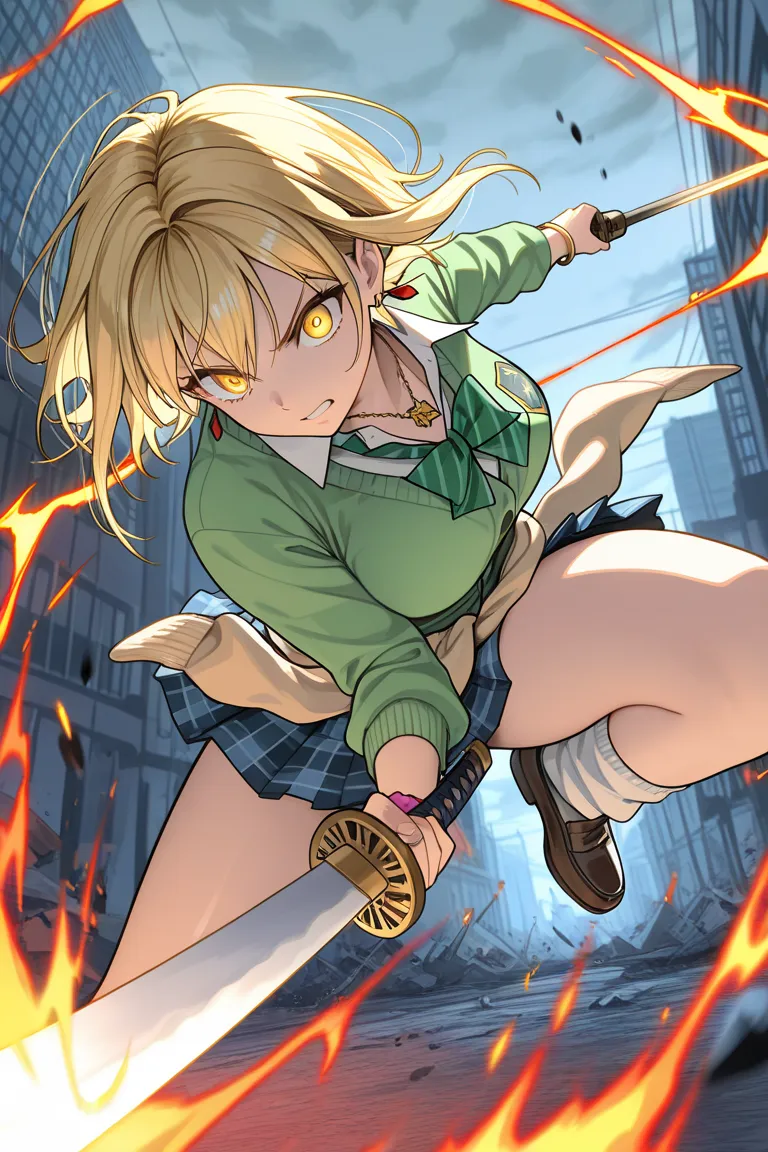 masterpiece, best quality, highly detailed, ultra high resolution, finely crafted, exquisitely detailed,  
**Japanese Gal Style, schoolgirl, Heisei-era gal**,  
** long, flowing blonde hair whipping through the air, striking golden eyes, intense battle-rea...