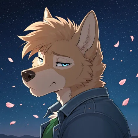 masterpiece, best quality, amazing quality, anthro golden retriever, light brown fur, (wolf ears), male, solo, blue eyes, short hair, tall man, athletic, muscular, green shirt, face focus, wolf ears, denim jacket, looking at viewer, portrait, starry sky, w...