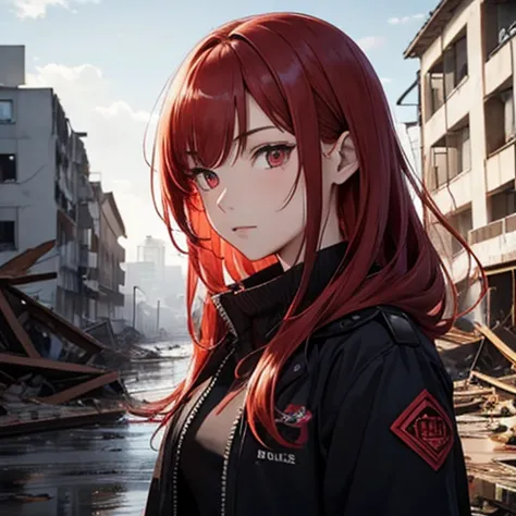  19-year-old female,  red hair , red eyes, [[black jacket]], front, upper body, [[[Destroyed town]]], [[Nobody]], [[[ruins]]], [[[Late Night]]], Collapsed Building, Before Dawn