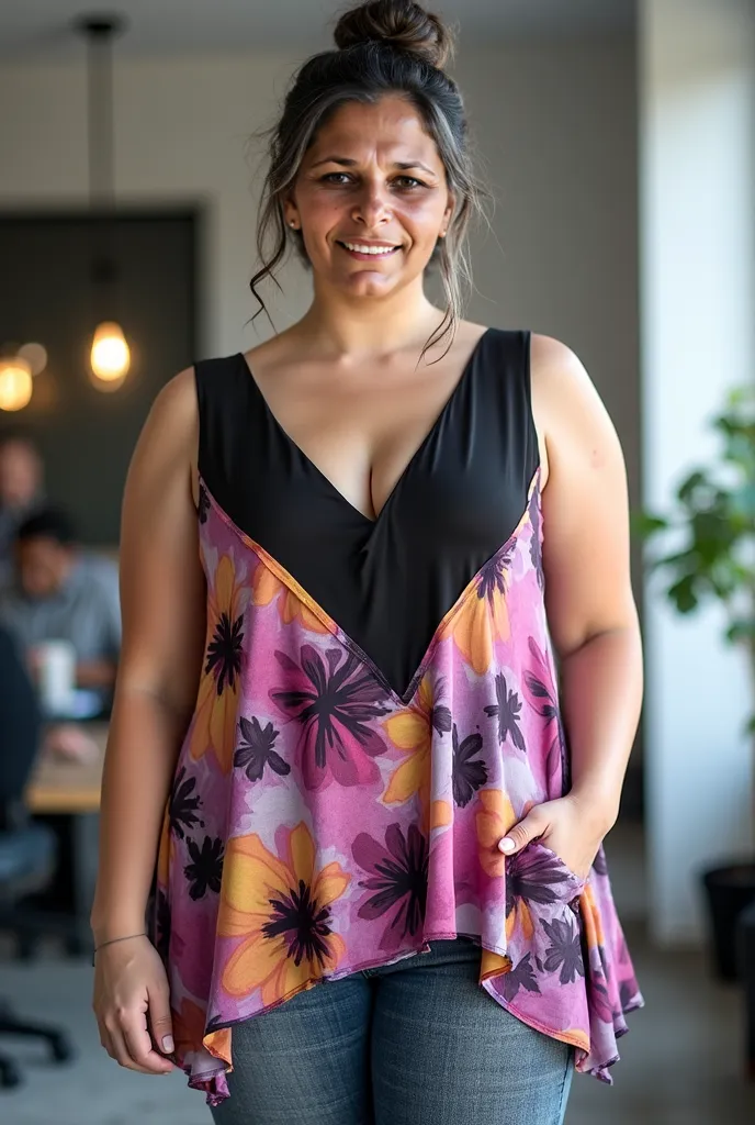 Plus-size lady, 45 ages ,chubby and plus size body, smile in face, fair skin, fair face, gray and black hair colour, low bun hair style,displaying a casual, contemporary top.  Medium-length, straight-cut top with a sleeveless design and a v-neck featuring ...