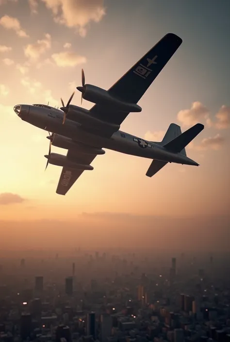 B-29 Bomber Flying Over a City
Camera Angle: Low Angle, Dynamic Motion  
Description: A powerful B-29 bomber soars over a sprawling city below, as it heads toward its fateful target. The airplane is sharply silhouetted against a sky painted with soft hues ...