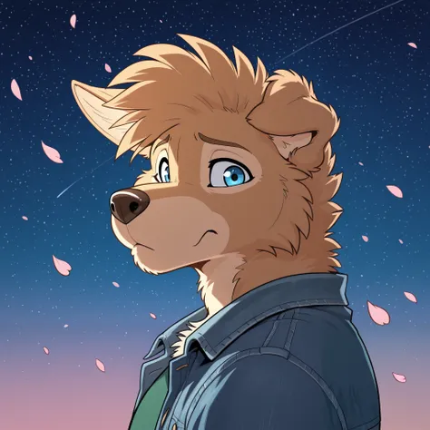 masterpiece, best quality, amazing quality, anthro golden retriever, light brown fur, (wolf ears), male, solo, blue eyes, short hair, tall man, athletic, muscular, green shirt, face focus, wolf ears, denim jacket, looking at viewer, portrait, starry sky, w...