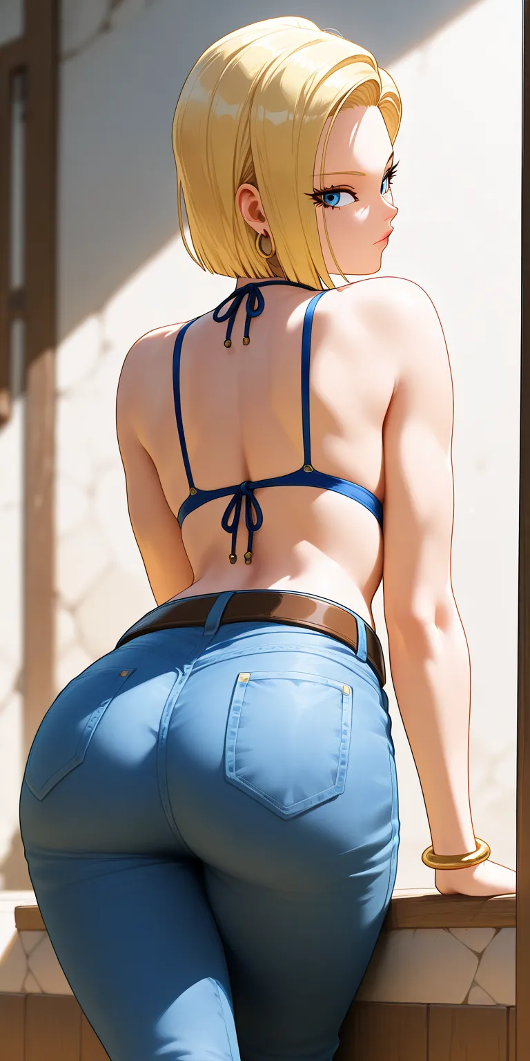 masterpiece, best quality, incredible quality,
  Android 18, blond hair, blue eyes, eyelash, hoop earrings, short hair  , May, bikini, pants, belt, bracelet, jeans, bikini top only, jeans, blink, , Language, Language out,  view from behind, looking back, C...