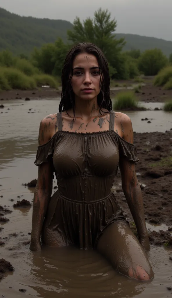 (DUSK, RAINSTORM, ((woman, Isabella, 20 years old, soaking wet, dark long hairs, mud spreads all over her, ))(Long Frilly Dress, off shoulders, covered in mud, mud soaked, soaking wet, mud covered, )Mud swamp, Deep Mud Lake, 