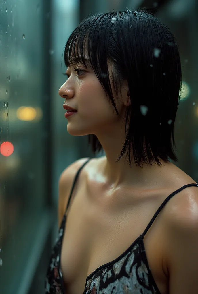 It's raining heavily in the city。,wet,Dripping,wet face, wet clothes,wet skin,wet hair,one girl,A girl with a cute face like a Japanese idol,no makeup,is thin,SMALLE BREASTS,(Black Hair Pixie Cut:1.2),(uncut bangs),Immerse yourself in a world of dark tones...