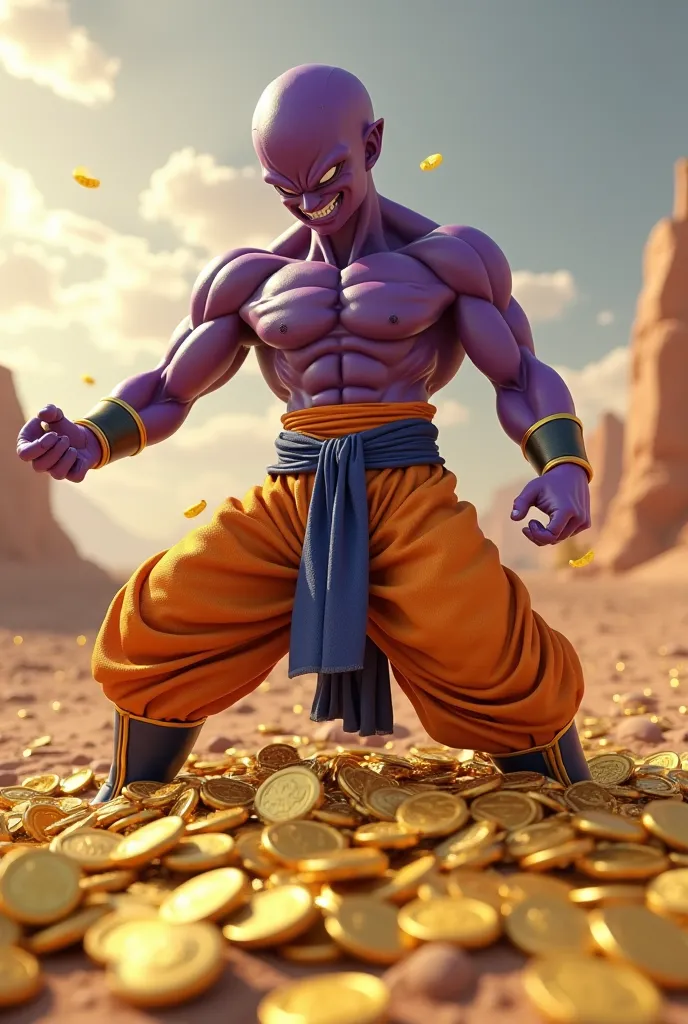 create the image of freeza of dragon ball z, he is on top of a bunch of gold coins, he is in the desert, he is hitting the coins and has coins flying everywhere, extremely realistic 3d, highly detailed, extreme quality, render in unreal engine 5, smooth li...