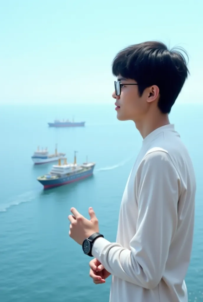 A thin, black-haired young man wearing glasses is standing on the right side of the picture, looking out over the sea, with two ships sailing in the distance. He is wearing a white long-sleeved shirt. He has a wristwatch in his hand.