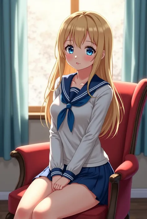 Japanese Russian Stepdaughter Anime,with school uniform,Short skirt that shows underwear,Make a tea party face ,Blonde Out Of Blue,blue eyes,Thin, long hair,Sit in a chair,big chest