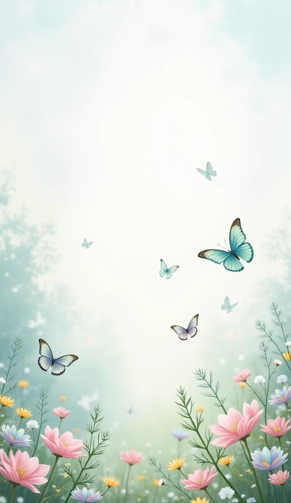 Create an image with a low-strip floral background, with delicate, real flowers in soft shades of Candy Colors (baby pink, light blue, lilac, mint green and light yellow). With some butterflies in the same palette flying under the flowers a serene, white a...