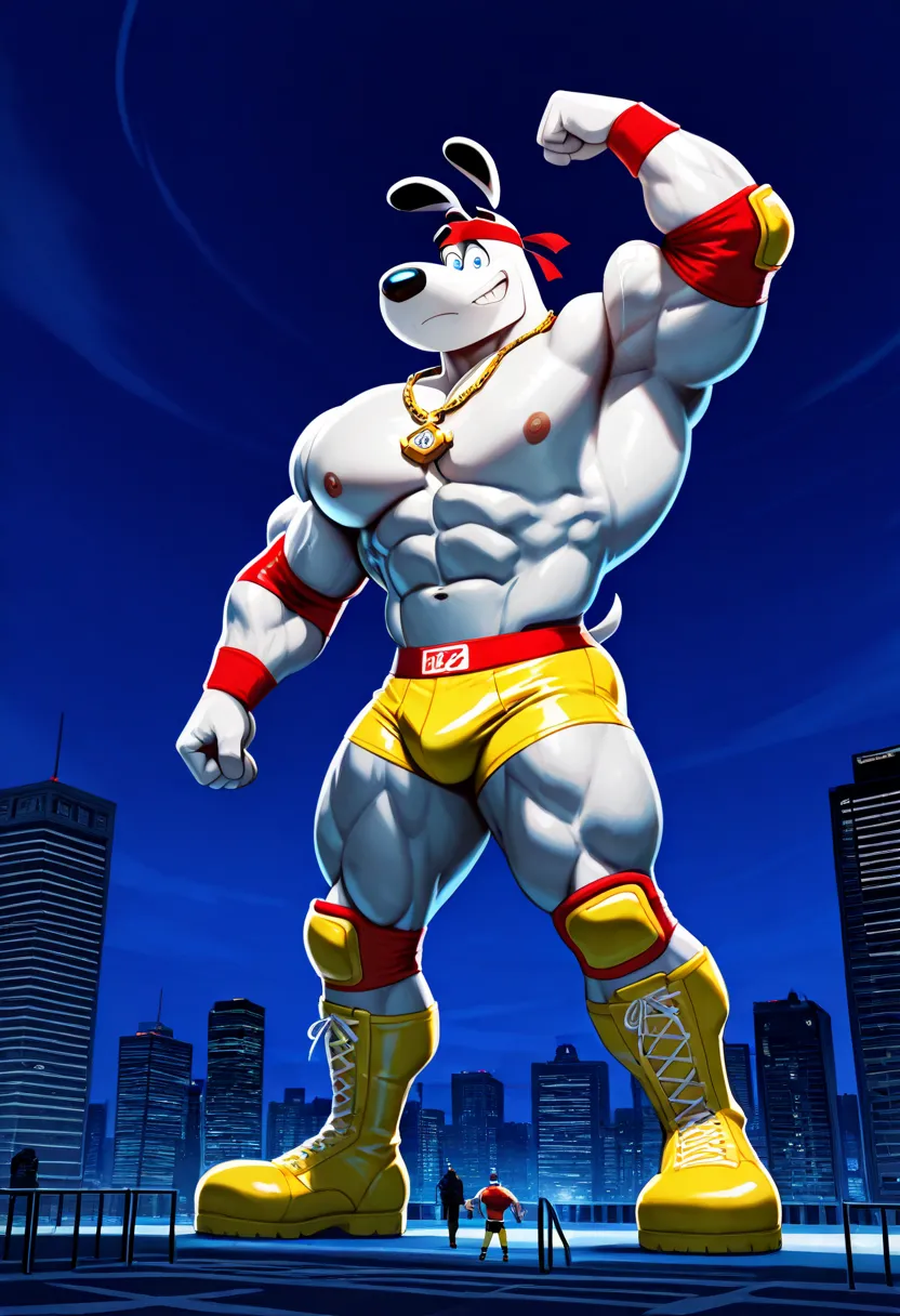 Giant muscular wrestling dudley puppy (T.U.F.F Puppy), white dog, cartoon 2d style, giant, macro size, full body, muscular body, night sky background, Masterpiece, best quality, high quality, detailed, Dudley Puppy, male, solo male, 1boy, broad shoulders, ...