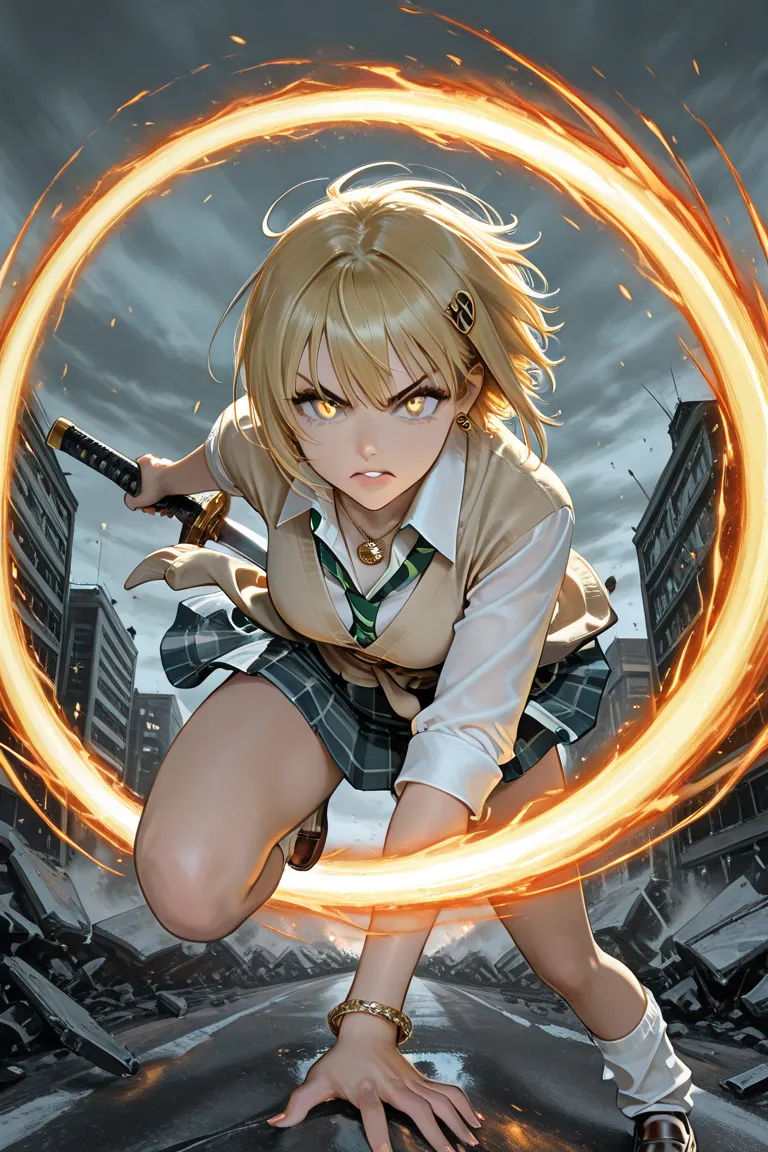 masterpiece, best quality, highly detailed, ultra high resolution, finely crafted, exquisitely detailed,  
**Japanese Gal Style, schoolgirl, Heisei-era gal**,  
** long, flowing blonde hair whipping through the air, striking golden eyes, intense battle-rea...