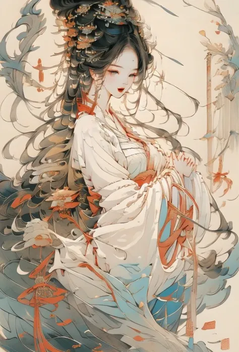 A beautiful woman with a small face and a long neck、Picture of a Woman with Long Hair and a Fan, Korean Art Nouveau Animation, Beautiful and Exquisite Paintings, Jean J., beautiful character drawing, Complex and beautiful painting, Chen Yifei , julianne, ,...