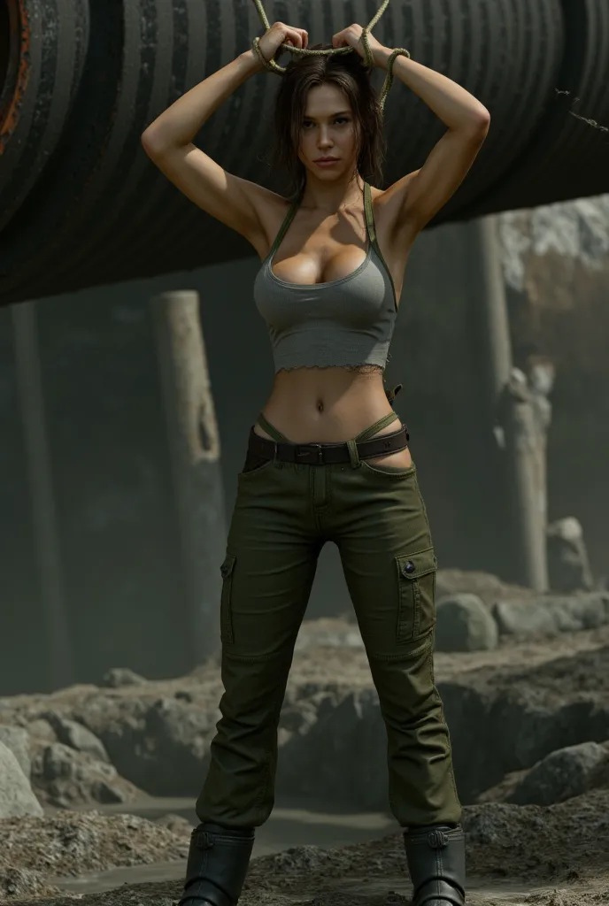 ALEXIS-REN, lara Croft wearing her classic outfit but her hand are tied above her head to a drain pipe