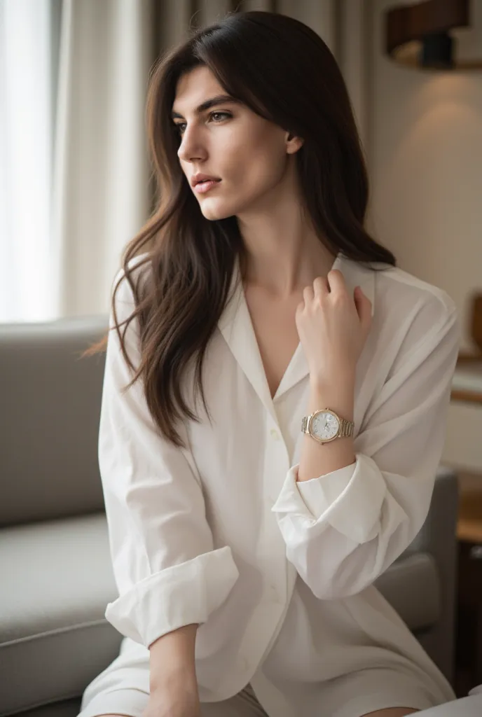 white blouse, luxury hotel room,  watch on her arm  