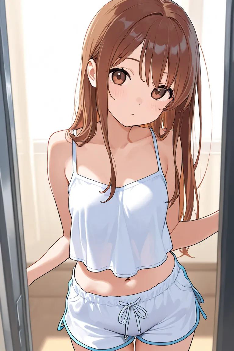 1 high school girl. A short cropped camisole. Loose-fitting pajama shorts. Long, flowing brown hair. midriff