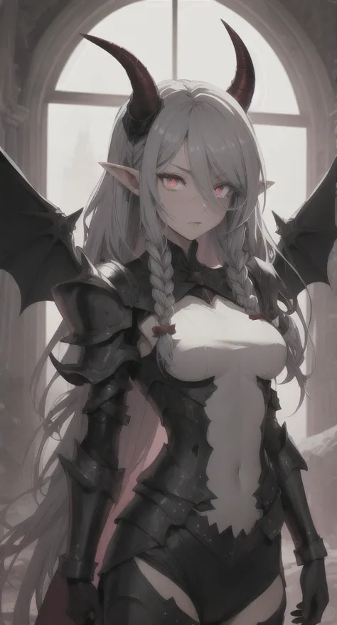 Ancient demon, horns, wings, tail, dark Knight, blind Sylvia, grey hair, glowing red eyes, blank red pupils, Devine braids, looking at viewer, long messy hair, ancient Hyrule, ancient armor, Palace,