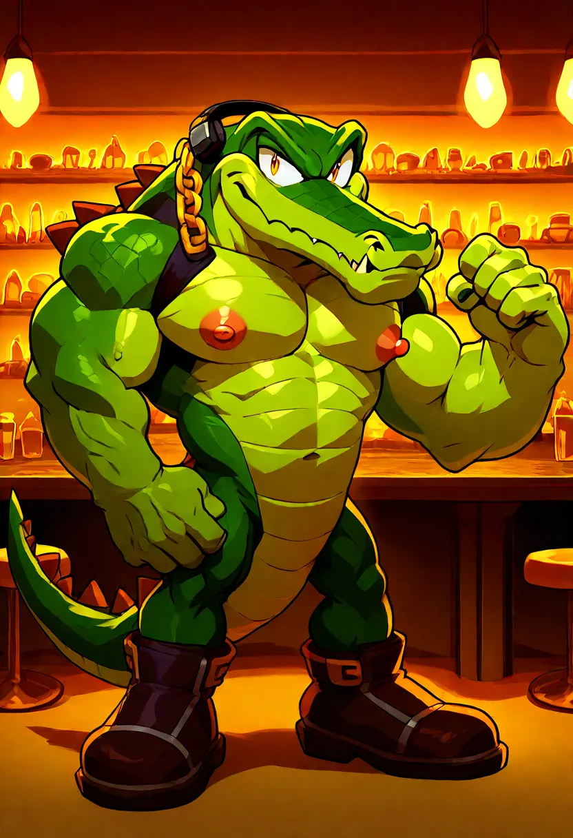 masterpiece, best quality, amazing quality,  mascular, bara BREAK 1boy, solo, anthro, big male, anthro Crocodile, Vector the Crocodile, green skin, tail , claws( muscle,  puffy nipples), upper body only,  indoors, nightclub, neon lights, looking at view, f...