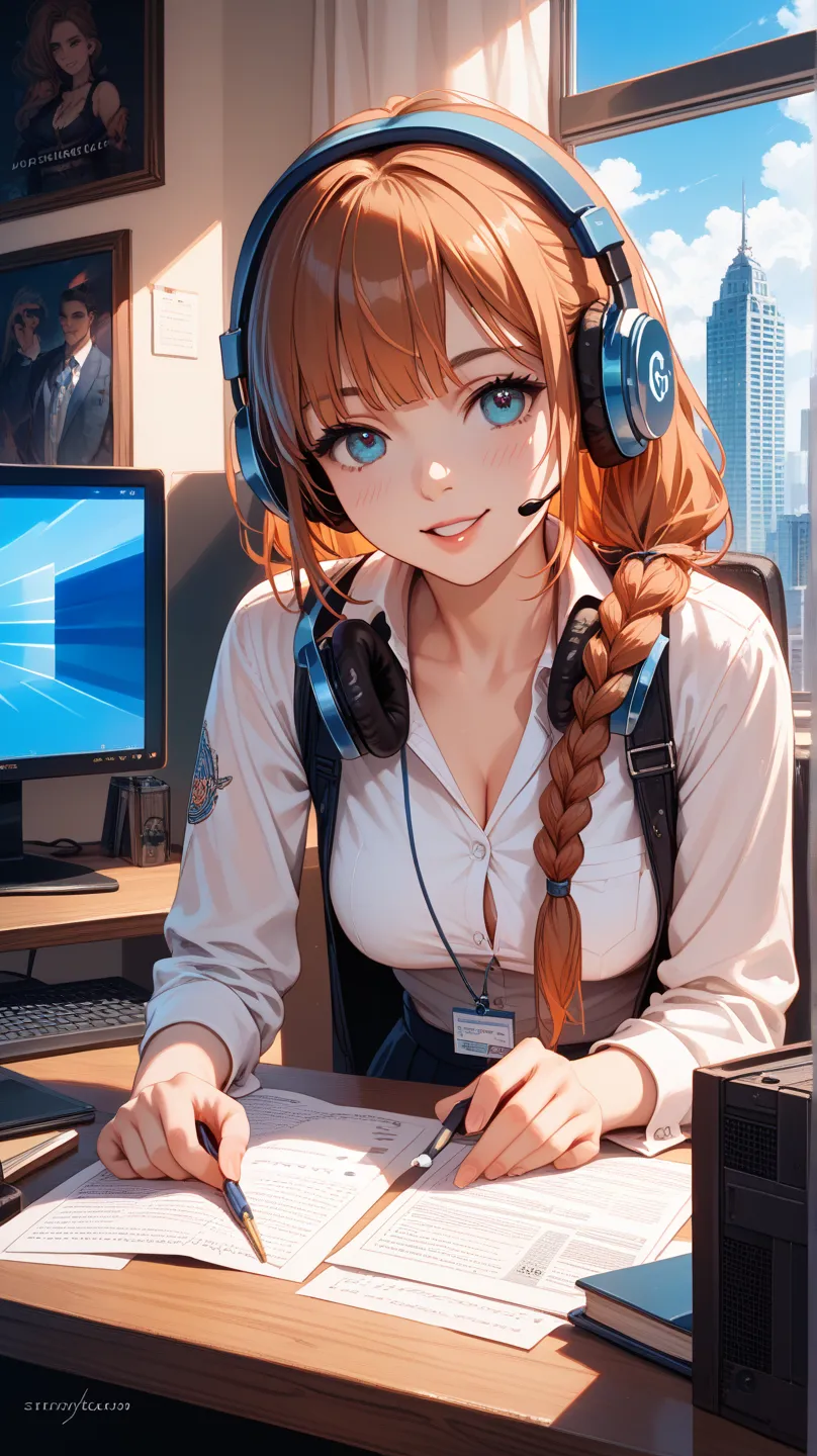 「A high-quality, detailed anime illustration of a woman wearing headphones, sitting at a desk with a PC, researching something on the screen. The woman should be focused, looking at the PC screen. The setting should be calm and peaceful, with a cozy and in...