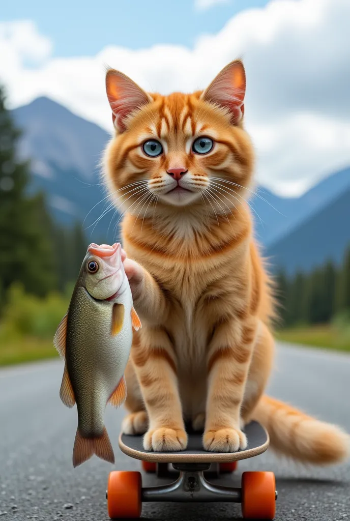 The picture shows a furry orange cat with wide blue eyes, standing on a skateboard on an open road in nature, holding a big fish in one hand. Its expression is a bit serious, adding a humorous touch to the scene.. The background includes mountains and clou...