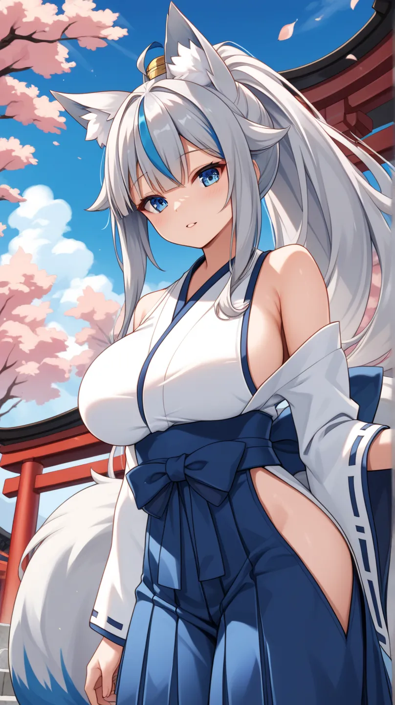 masterpiece,top quality,insanely detailed,hidden hair,

ponytail,big hair flaps, Silver Hair,
blue cool eyes,
Big Breasts,
Sky Blue (streaked hair), highlights hair,  Silver Fox Ears , One tail of a silver fox, Sky Blue (streaked tail:1.2), highlights tail...