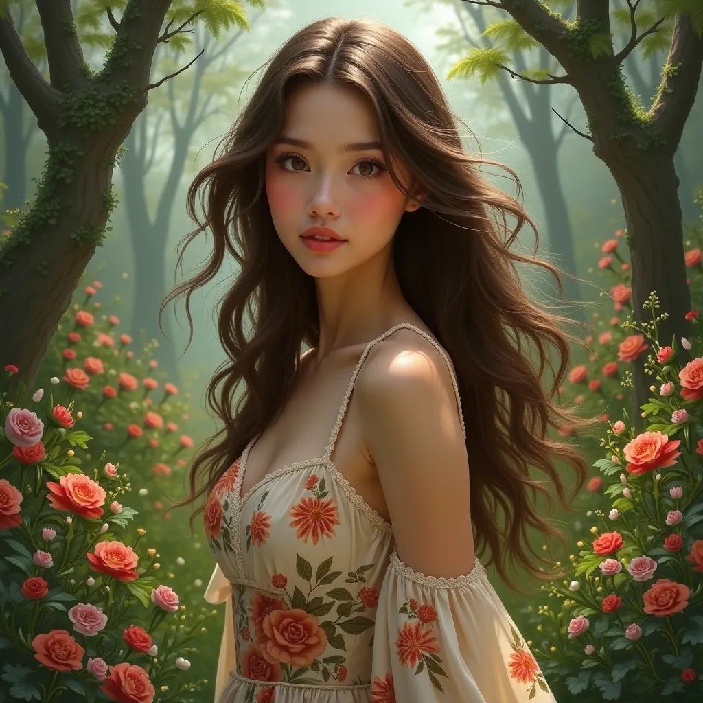 Beautiful woman in floral dress attractive hair, beautiful shapes and a landscape of beautiful forests with flowers and trees 