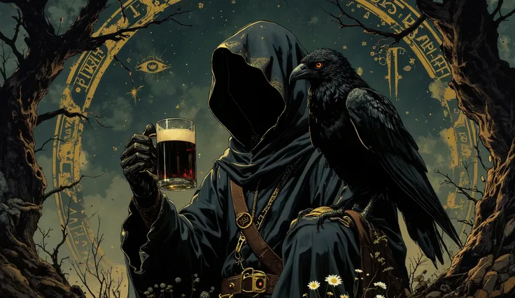 A hooded figure, wrapped in dark and detailed robes, segura uma taça de black beer thick as oil. Inside the cup , the liquid subtly reflects the shape of an hourglass. On the figure's shoulder rests a raven with intense amber eyes, Looking directly at the ...