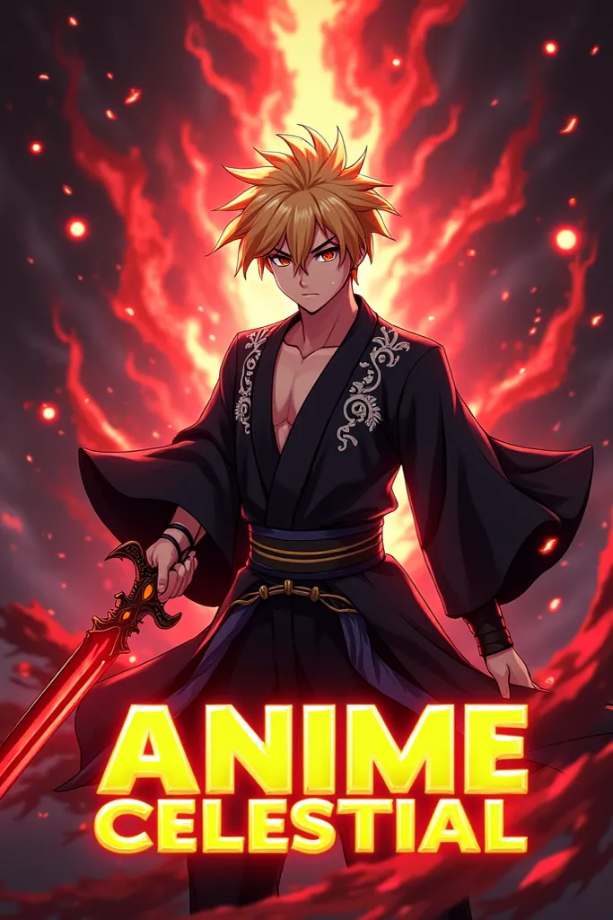 Vibrant and flashy Thumbnail for an anime-inspired Roblox style game. The main character has sharp blond hair, intense eyes and wears a black kimono with white details. He holds a red sword charged with dark energy, with rays and glowing effects surroundin...