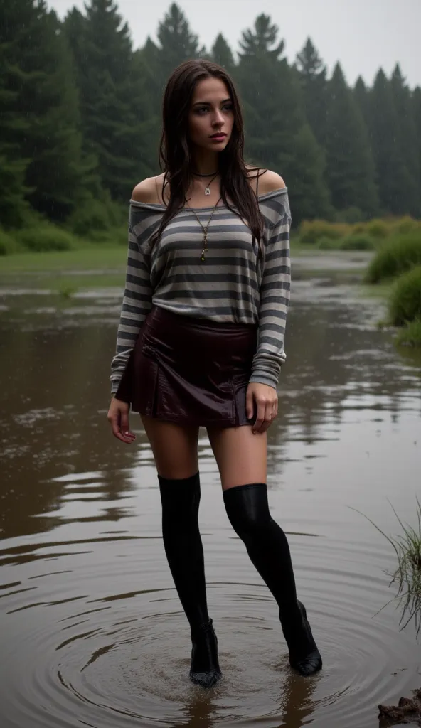 (Full Body Shot, Rainstorm, DUSK, ((woman in swamp, soaking wet, dark long hairs,))(Choker, black,)(wet striped sweatshirt, off shoulders, soaking wet,)(wet skirt, soaking wet,)(wet over knee high socks, black, soaking wet,)(wet heels, soaking wet,) Rainst...