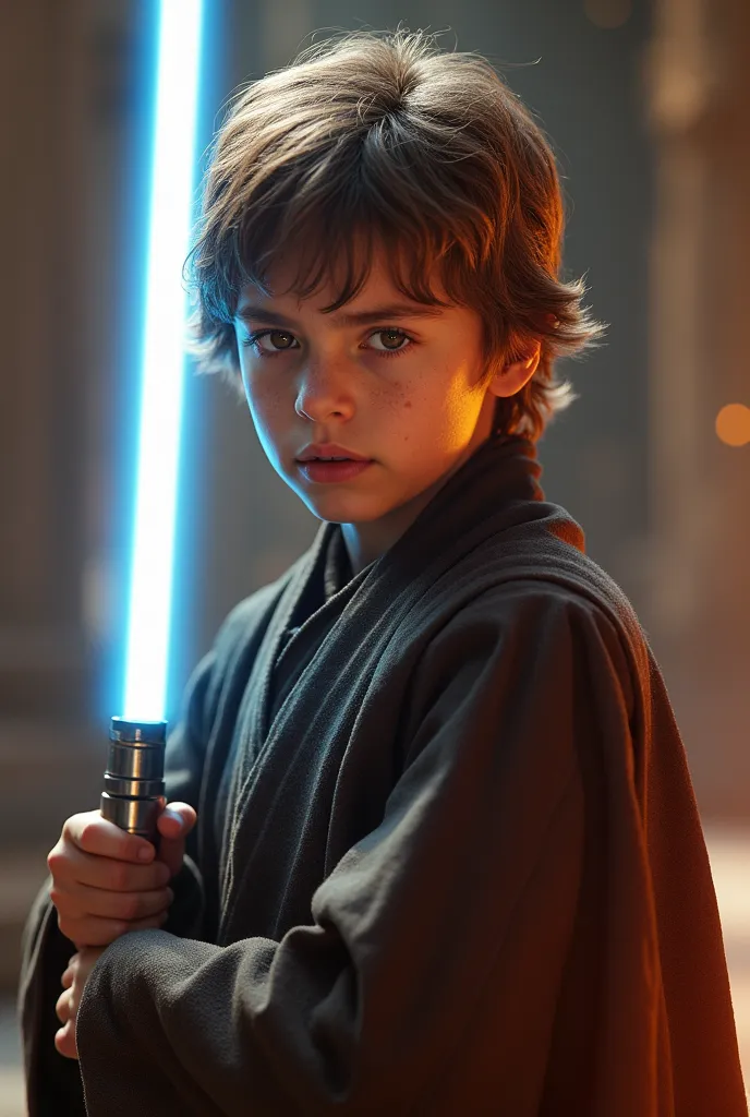 Jake Lloyd as Anakin Skywalker, Jedi Powers, detailed, Photorealistic, high resolution, 8k, photorealistic, hyper detailed, intricate details, dramatic lighting, cinematic composition
